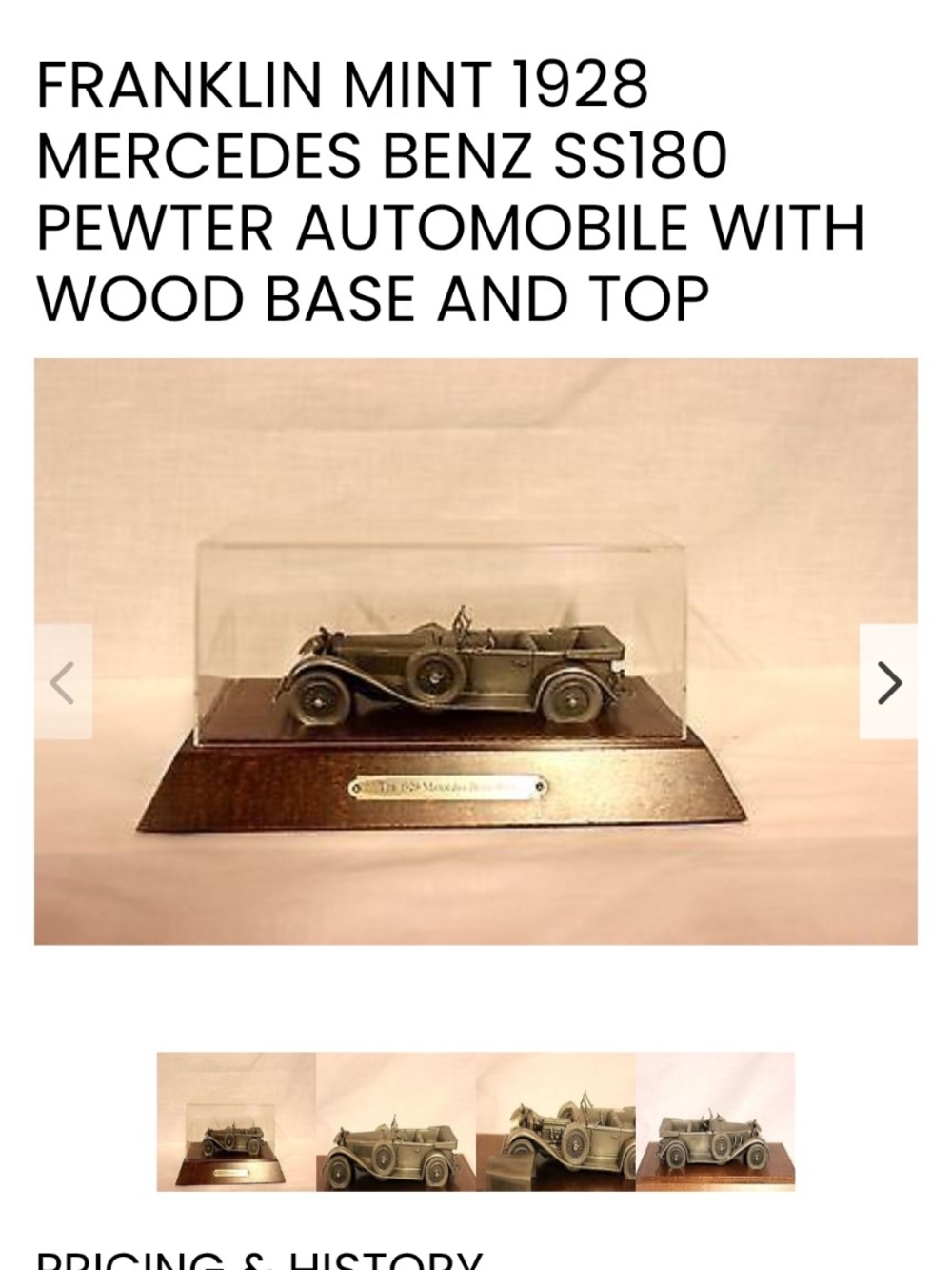 Franklin Mint Pewter Mercedes-Benz Model in Silver and Brown With Wood Base